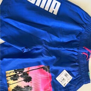 Puma Blue Swim Board Shorts with Palm Tree Design